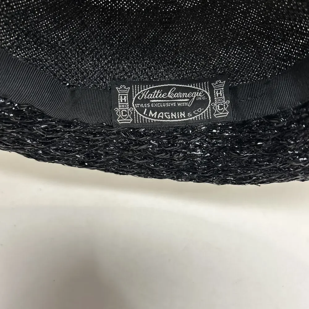 Vtg Hattie Carnegie I Magnin Co., Black Cloche Hat 1950s Woven Ratten Bow Hat